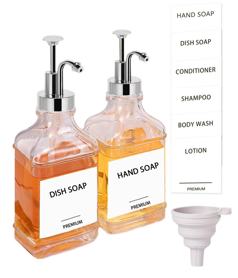 Hoousuper Dish Soap Dispenser for Kitchen, Hand Glass Soap Dispenser Set with Pump, Funnel for Bathroom, Shower, Laundry, Liquid, Lotion (Silver 2 Pack 18 Oz Clear Bottles with 12 Stickers) - Image 1